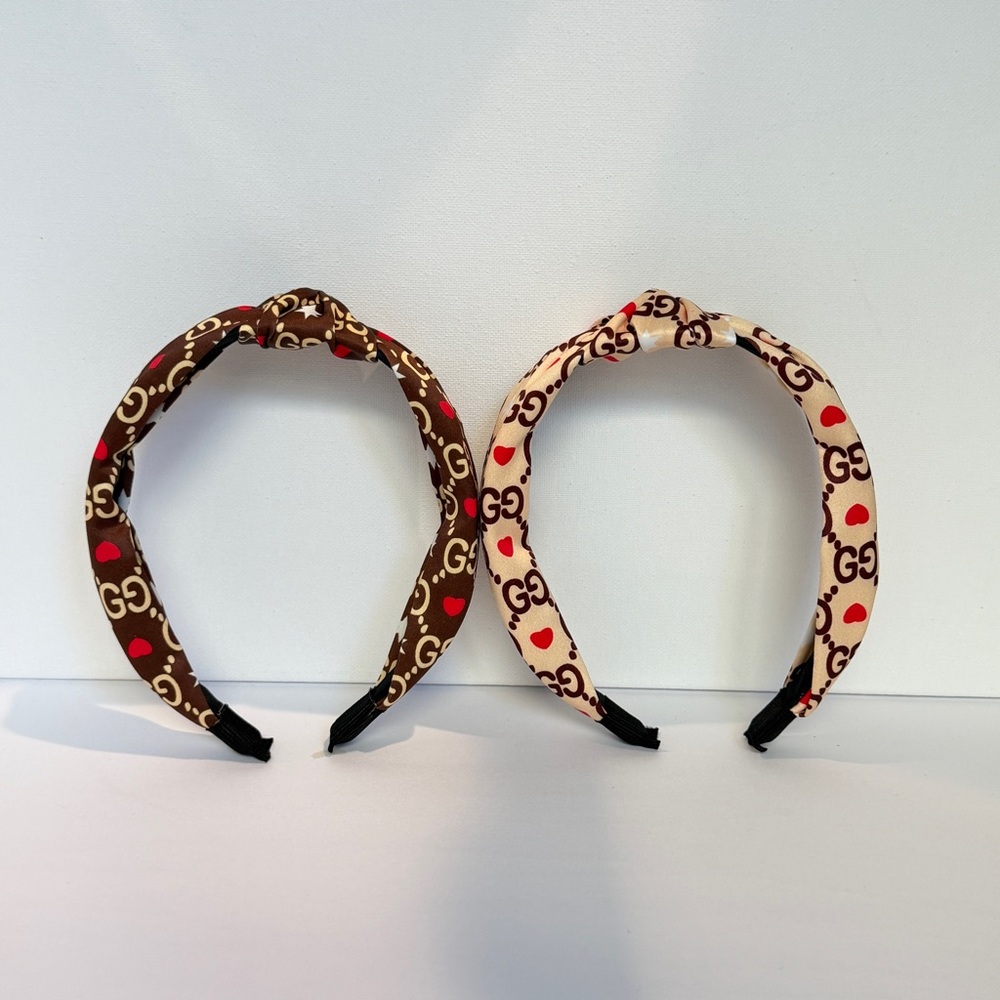 Knotted Satin Headband - Brown and Beige with Red Accent - Picture 6 of 6